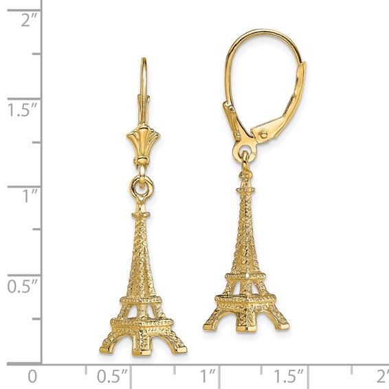 14K 3-D Eiffel Tower Dangle Leverback Earrings