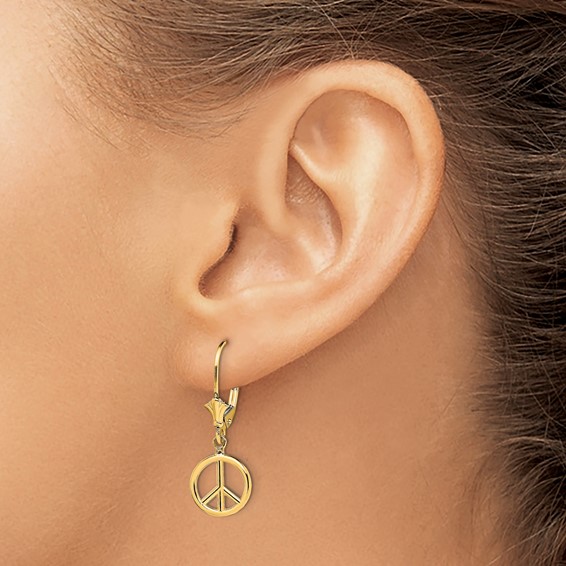 Gold Peace Symbol Dangle Leverback Earrings