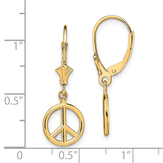 Gold Peace Symbol Dangle Leverback Earrings