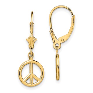Gold Peace Symbol Dangle Leverback Earrings