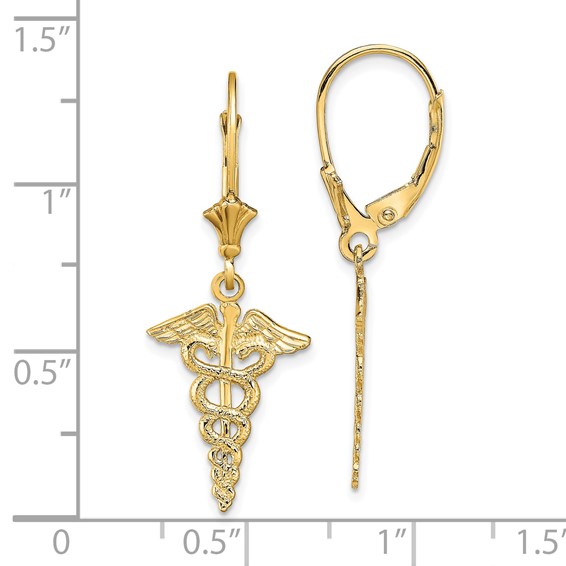 14K Caduceus Dangle Leverback Earrings