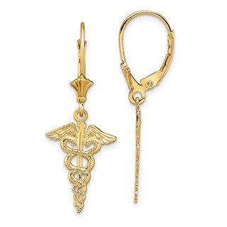 14K Caduceus Dangle Leverback Earrings