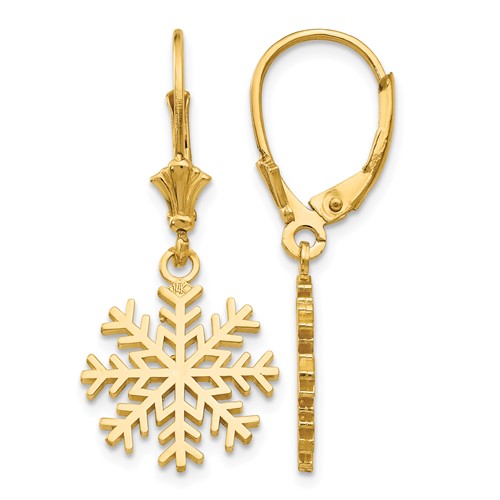 14K Yellow Gold Snowflake Dangle Leverback Earrings