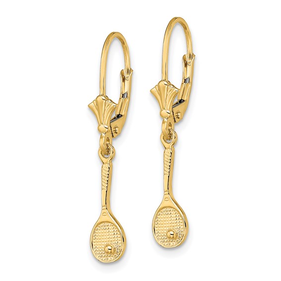 14K Polished Tennis Racquet with Ball Dangle Leverback Earrings