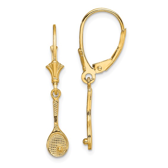 14K Polished Tennis Racquet with Ball Dangle Leverback Earrings