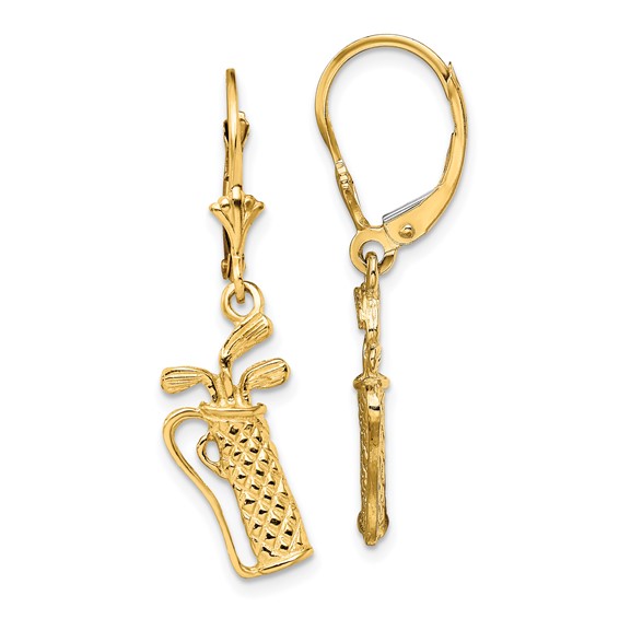 14K Textured Golf Bag Dangle Leverback Earrings