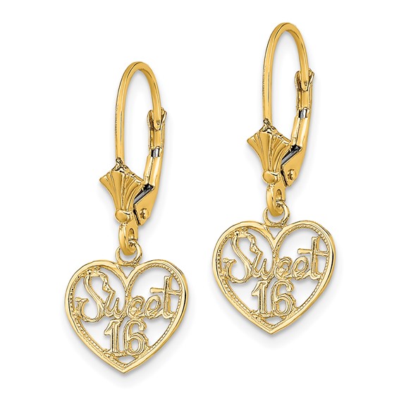 14K Polished SWEET 16 in Heart Dangle Leverback Earrings