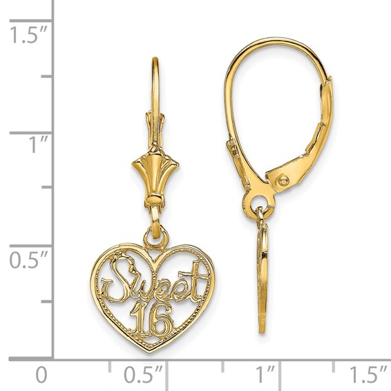 14K Polished SWEET 16 in Heart Dangle Leverback Earrings