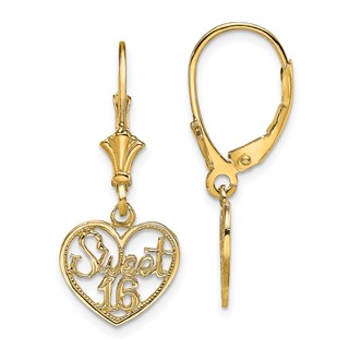 14K Polished SWEET 16 in Heart Dangle Leverback Earrings