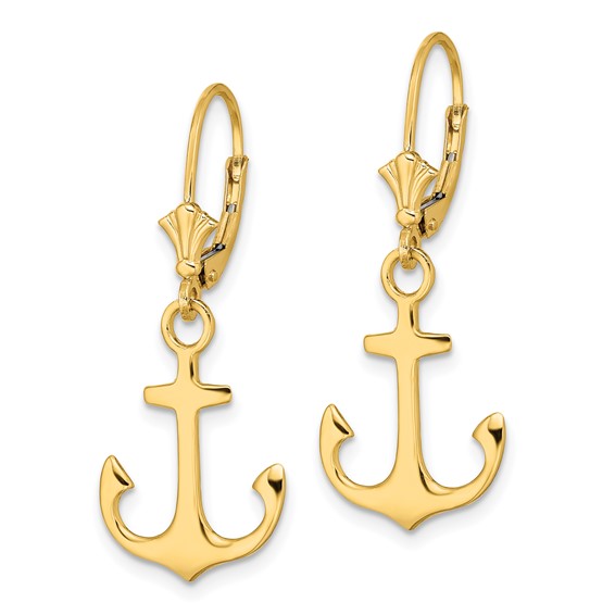 14K 2-D Polished Anchor Dangle Leverback Earrings
