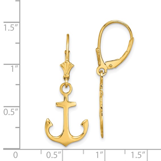 14K 2-D Polished Anchor Dangle Leverback Earrings