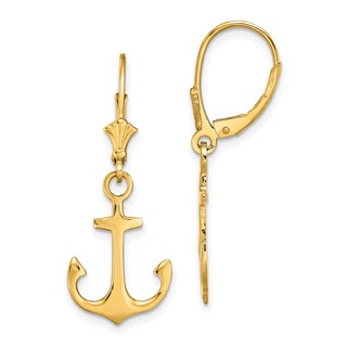 14K 2-D Polished Anchor Dangle Leverback Earrings