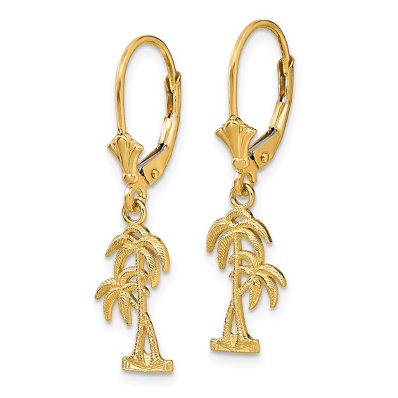 14K Two Palm Trees Dangle Leverback Earrings
