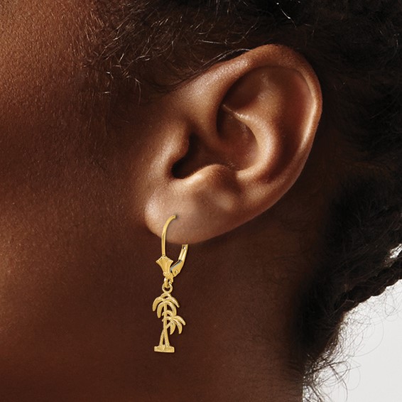14K Two Palm Trees Dangle Leverback Earrings