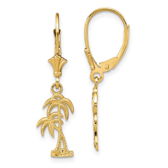 14K Two Palm Trees Dangle Leverback Earrings