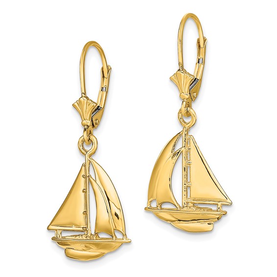 14K  3-D Polished Sailboat Dangle Leverback Earrings