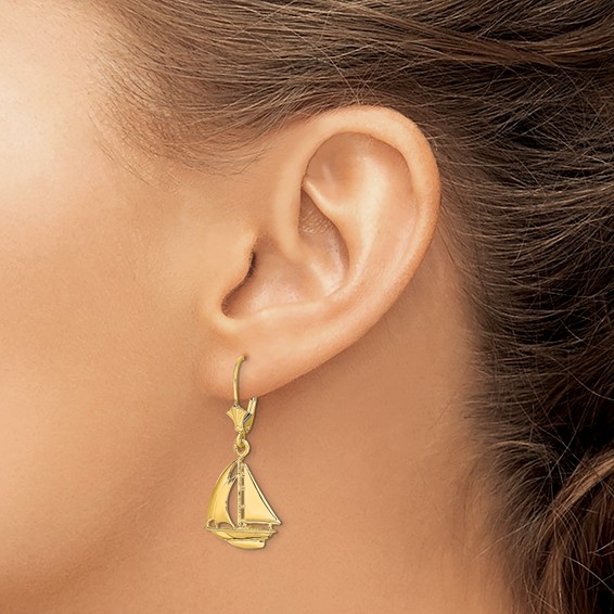 14K  3-D Polished Sailboat Dangle Leverback Earrings