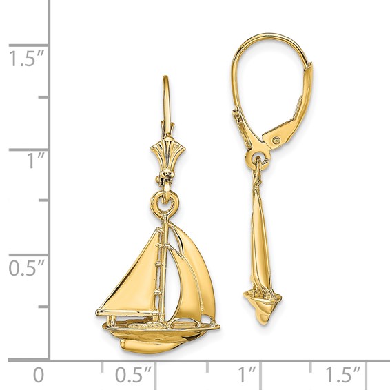 14K  3-D Polished Sailboat Dangle Leverback Earrings