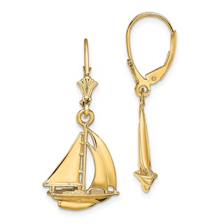 14K  3-D Polished Sailboat Dangle Leverback Earrings