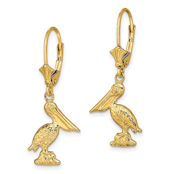 14K 3-D Standing Pelican Dangle Leverback Earrings