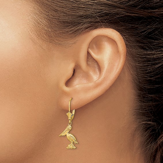14K 3-D Standing Pelican Dangle Leverback Earrings