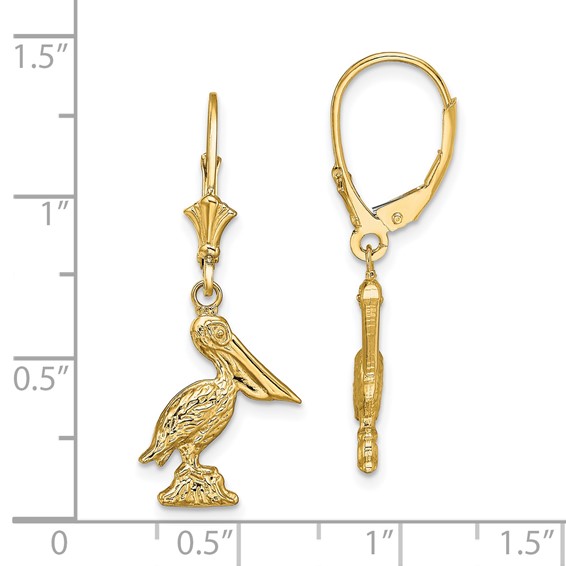 14K 3-D Standing Pelican Dangle Leverback Earrings