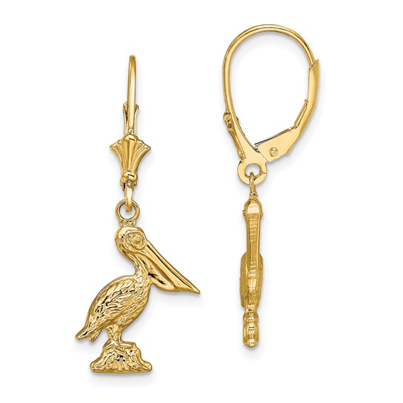 14K 3-D Standing Pelican Dangle Leverback Earrings