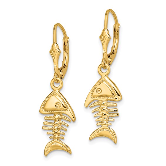 14K 3-D Fishbone Dangle Leverback Earrings