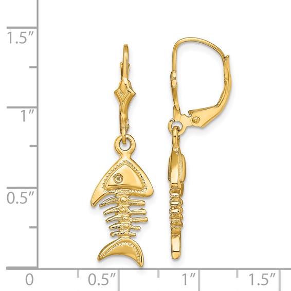 14K 3-D Fishbone Dangle Leverback Earrings