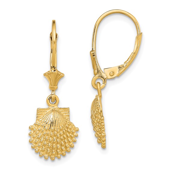 14K 2-D Beaded Scallop Shell Leverback Earrings