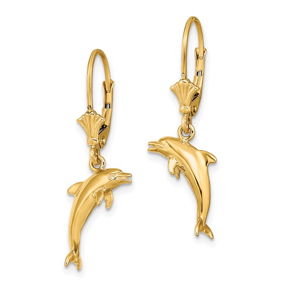 14K 3-D Dolphin Jumping Dangle Leverback Earrings