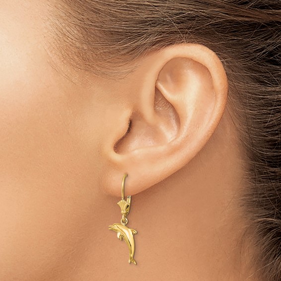 14K 3-D Dolphin Jumping Dangle Leverback Earrings