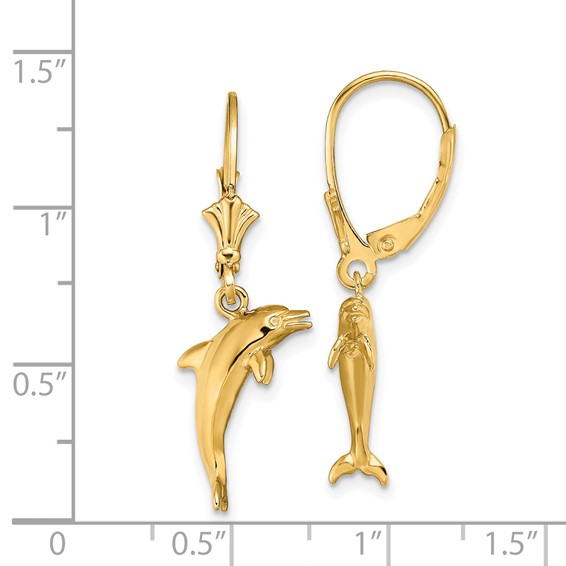 14K 3-D Dolphin Jumping Dangle Leverback Earrings