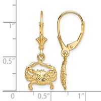 14K Yellow Gold 2-D Blue Crab Dangle Leverback Earrings view 4