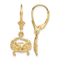 14K Yellow Gold 2-D Blue Crab Dangle Leverback Earrings view 1