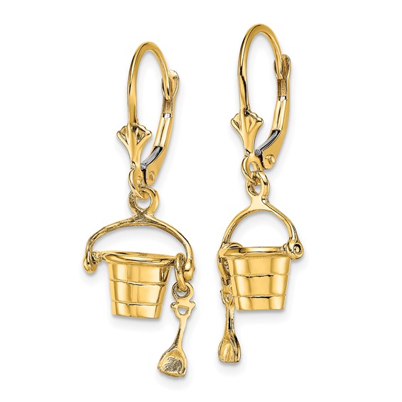 14K 3-D Beach Bucket with Shovel Dangle Leverback Earrings