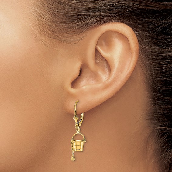 14K 3-D Beach Bucket with Shovel Dangle Leverback Earrings