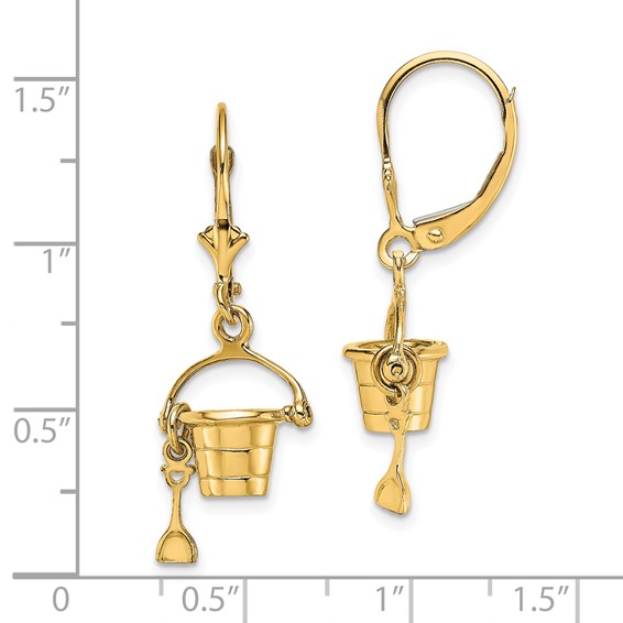 14K 3-D Beach Bucket with Shovel Dangle Leverback Earrings