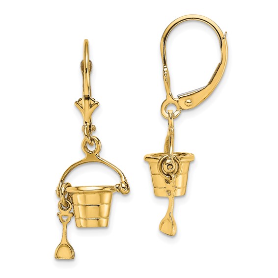 14K 3-D Beach Bucket with Shovel Dangle Leverback Earrings