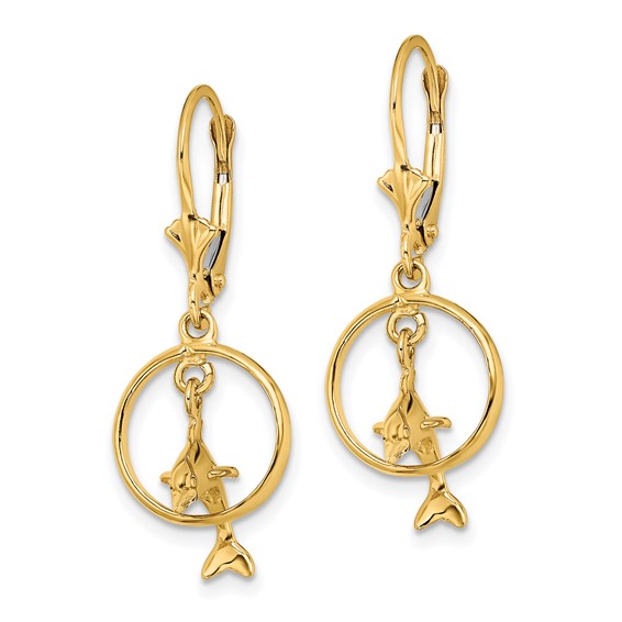 14K 3-D Dolphin Jumping Through Hoop Dangle Leverback Earrings