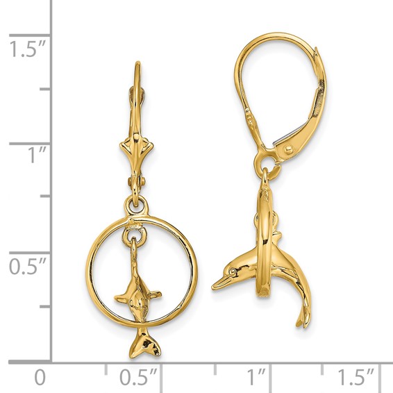 14K 3-D Dolphin Jumping Through Hoop Dangle Leverback Earrings