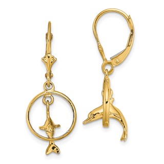 14K 3-D Dolphin Jumping Through Hoop Dangle Leverback Earrings