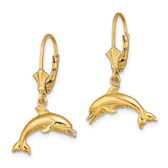 14K Jumping Dolphin Dangle Leverback Earrings
