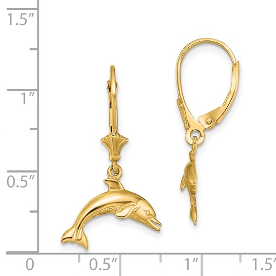 14K Jumping Dolphin Dangle Leverback Earrings