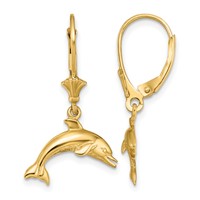14K Yellow Gold Jumping Dolphin Dangle Leverback Earrings view 1