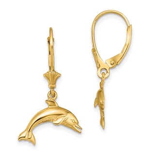 14K Jumping Dolphin Dangle Leverback Earrings