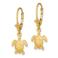 14K Yellow Gold 3-D Polished Mini Sea Turtle Dangle Leverback Earrings view 2