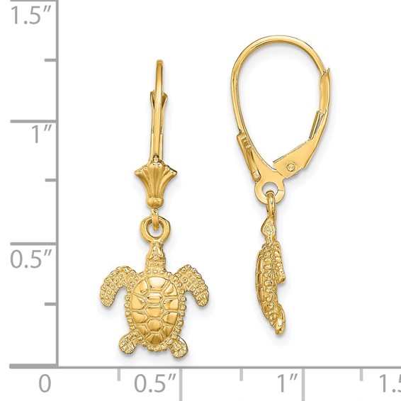 14K 3-D Polished Mini Sea Turtle Dangle Leverback Earrings