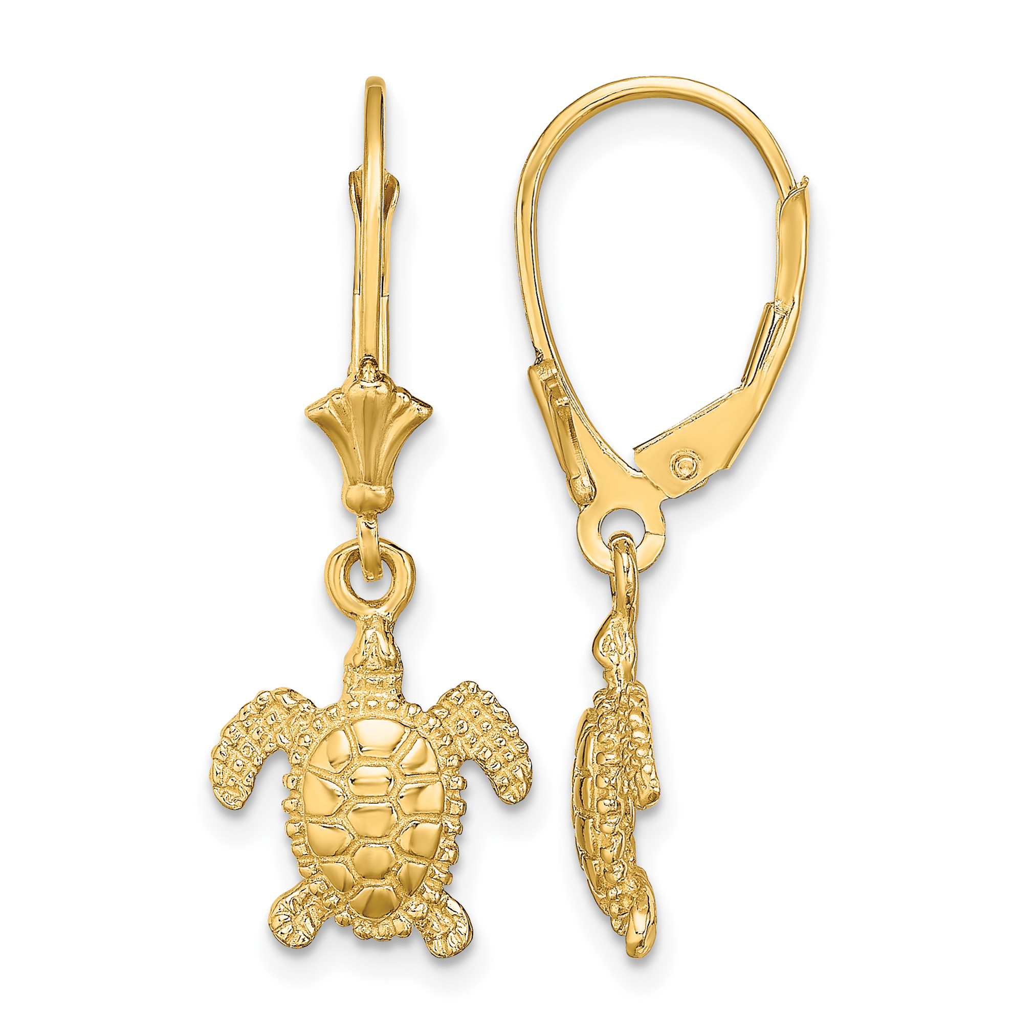 14K 3-D Polished Mini Sea Turtle Leverback Earrings (TF1829)