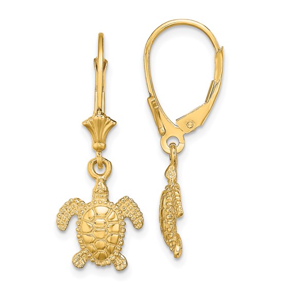 14K 3-D Polished Mini Sea Turtle Dangle Leverback Earrings